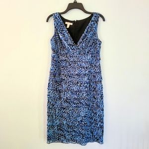 London Times Blue & Tan Sheer Ruffled Skirt V-Neck Sleeveless Midi Dress Size 10